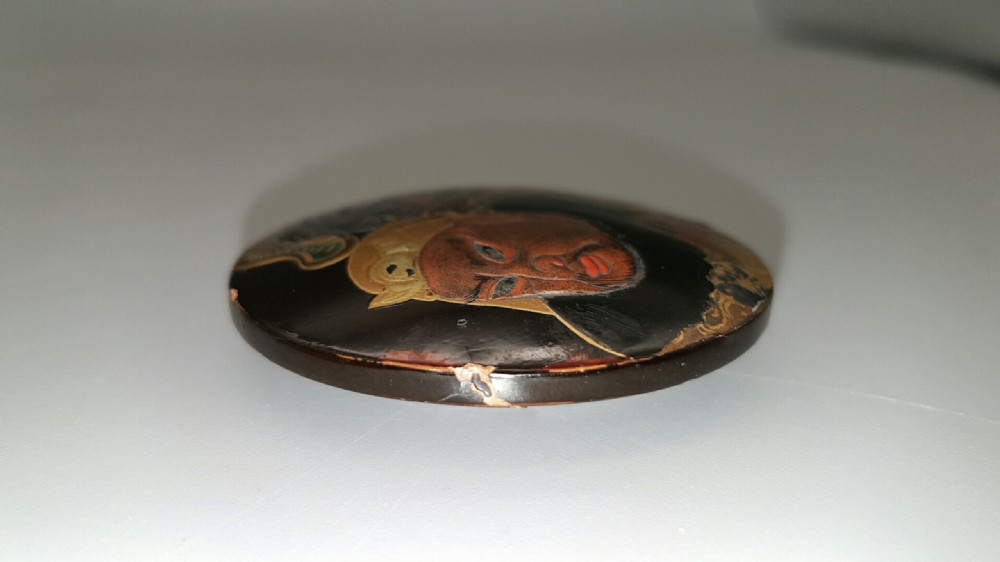 Rare Japanese Meiji Lacquer Manju Netsuke Depicting Warlords Benkei and Yoshitsune at Gojo Bridge  View VII