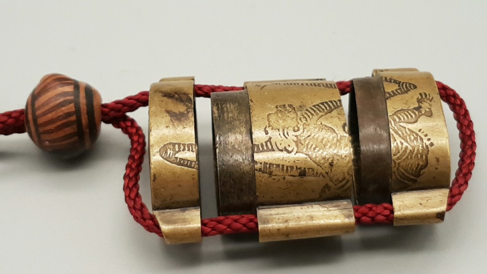 Small (Child's?) Japanese Brass Two-Case Inro & Wooden Ojime View VI
