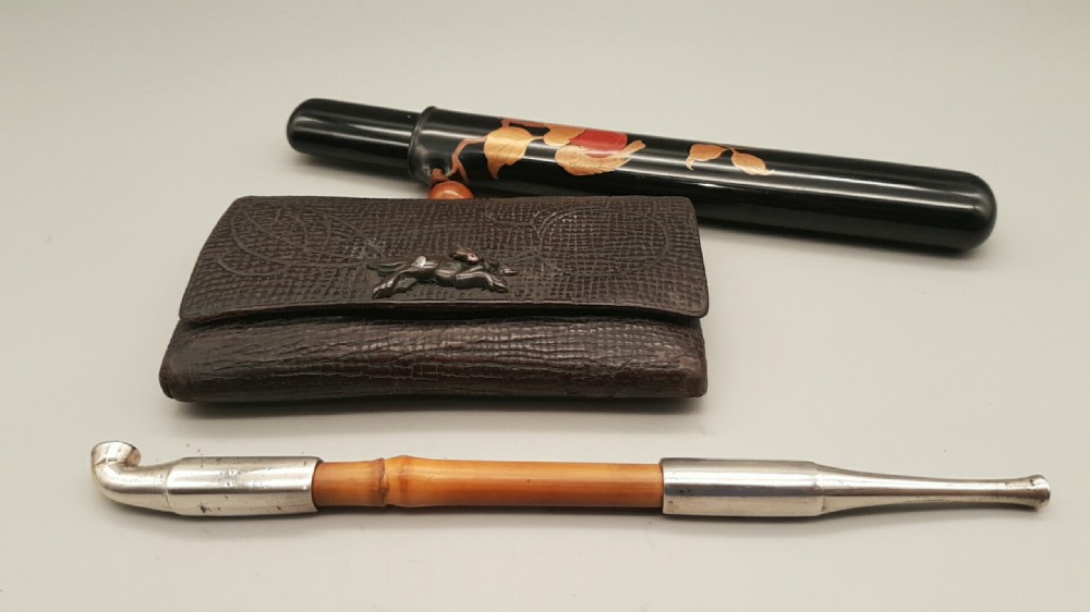 Japanese Meiji (19thC) Smoking Ensemble of Tobacco Pouch, Pipe and Pipecase
