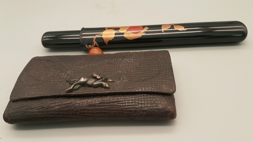 Japanese Meiji (19thC) Smoking Ensemble of Tobacco Pouch, Pipe and Pipecase View II