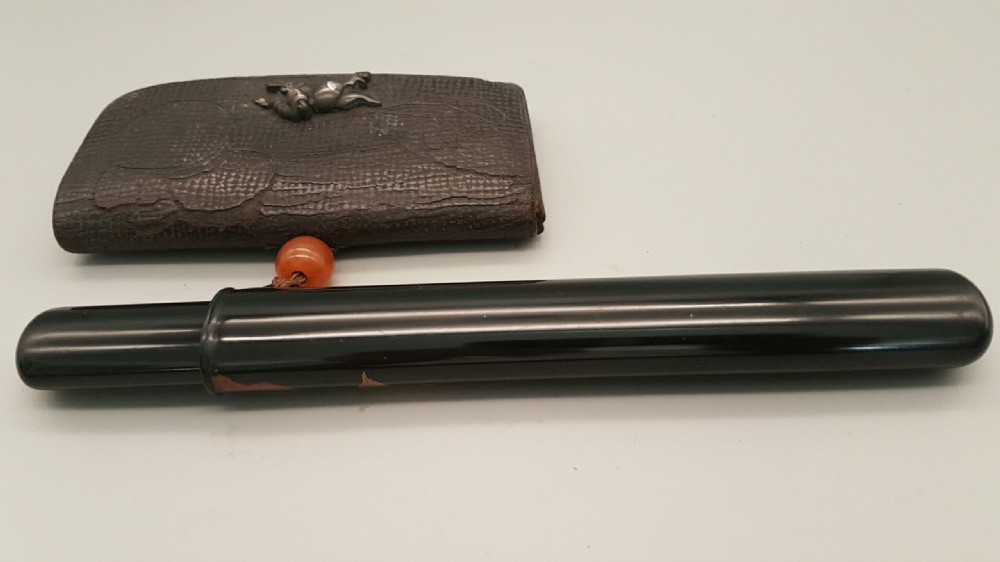 Japanese Meiji (19thC) Smoking Ensemble of Tobacco Pouch, Pipe and Pipecase View V