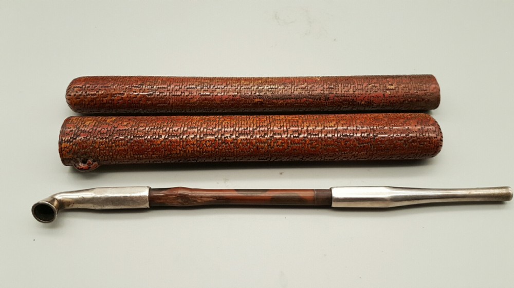 Beautiful Japanese Meiji (19thC) Woven Bamboo Pipecase and Silver/Bamboo Pipe View II