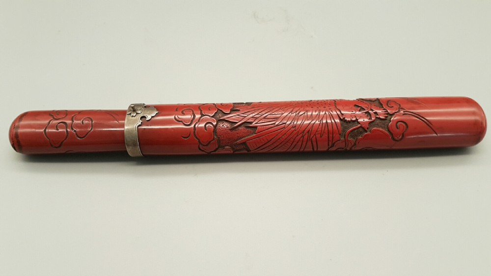Rare Japanese Meiji (19thC) Red Lacquer Pipecase Depicting a Dragon View III