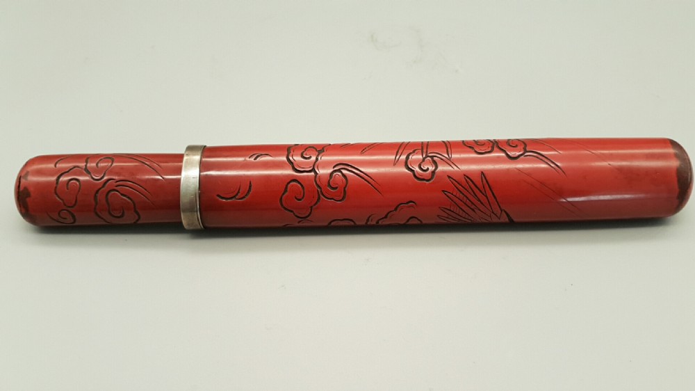 Rare Japanese Meiji (19thC) Red Lacquer Pipecase Depicting a Dragon View IV