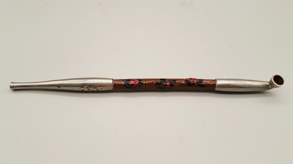 Japanese Meiji Silver and Bamboo Pipe with Ladybird Decoration