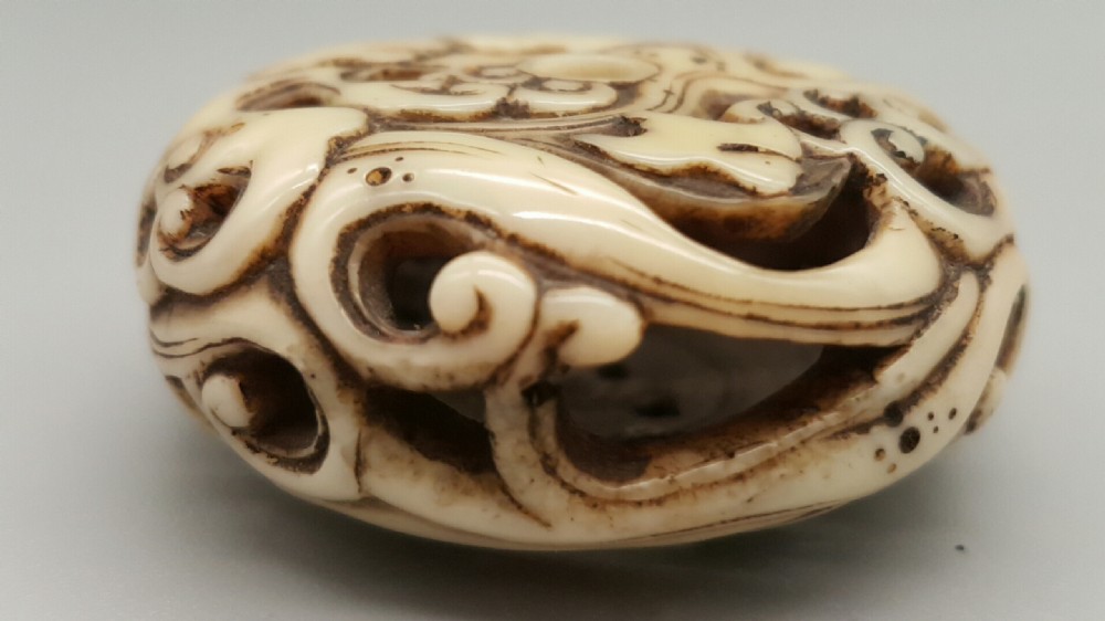 Japanese Edo Stag Antler Ryusa (Pierced) Manju Netsuke, the Asakusa School View V