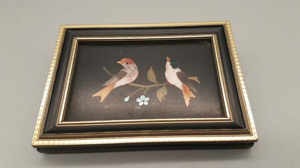 Charming Antique Pietra Dura Framed Picture of Two Birds