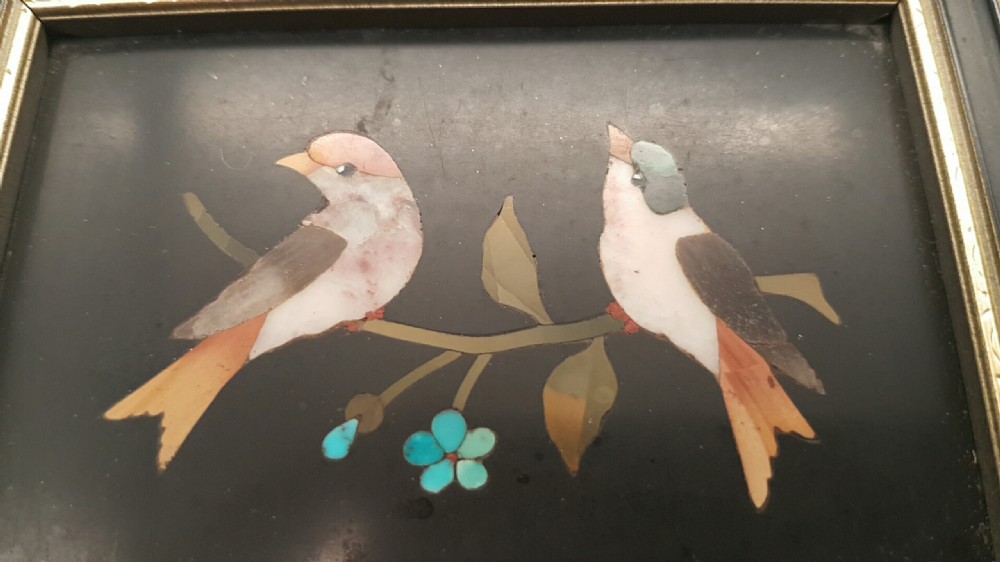 Charming Antique Pietra Dura Framed Picture of Two Birds View II