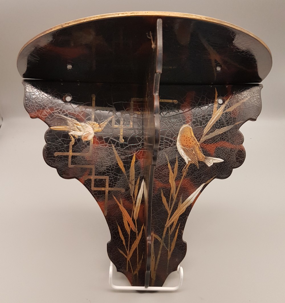 Pair of Antique Wall-Mounted Wooden Shelves/Brackets with Beautiful Lacquer Decoration of Birds
