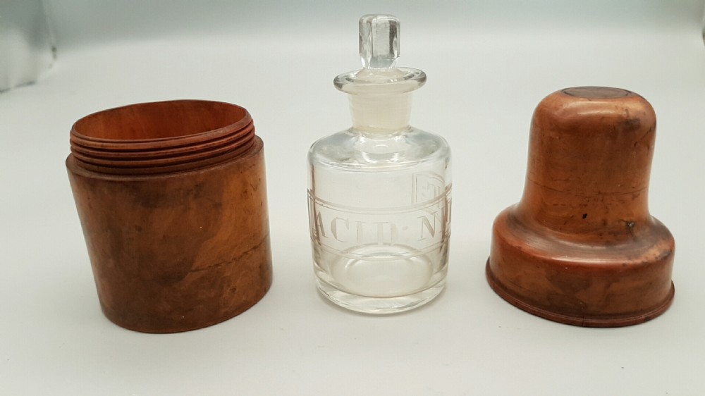 ANTIQUE FRUITWOOD TREEN CONTAINER WITH BOTTLE MARKED ‘ACID NITRIC’ View V