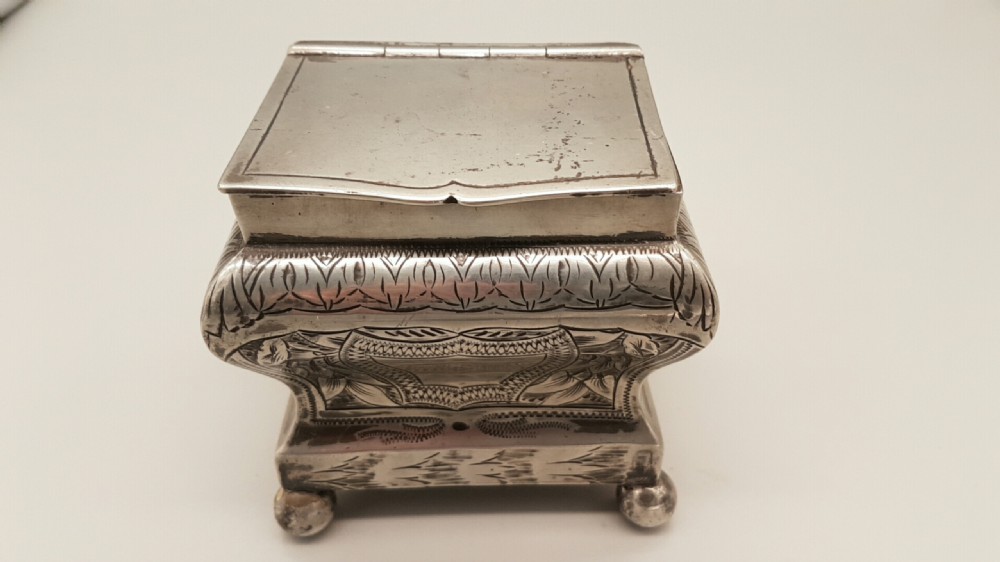 RARE VICTORIAN SILVER PLATE TEA CADDY WITH BALL FEET BY WILLIAM BRIGGS OF SHEFFIELD