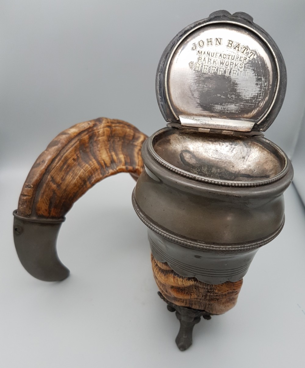 LARGE VICTORIAN SCOTTISH RAM’S HORN TABLE TOP SNUFF MULL WITH PEWTER MOUNT View IV