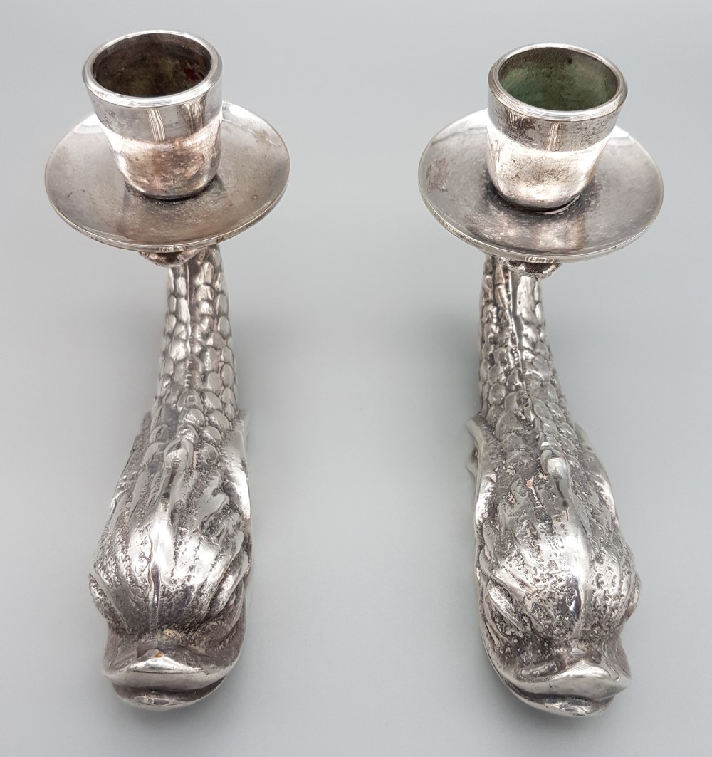 LOVELY PAIR OF VINTAGE DOLPHIN MALTESE SILVERED BRONZE CANDLE HOLDERS