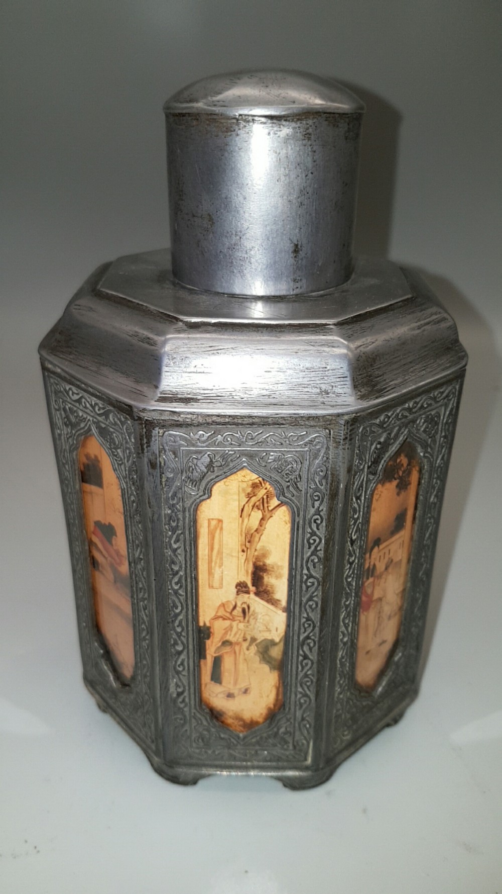 Magnificent Antique Chinese Shantou Octagonal Pewter Tea Caddy