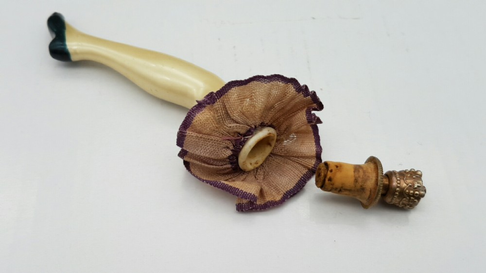 Antique German ‘Doll Leg’ Crown Top Perfume Bottle with original silk garter View IV