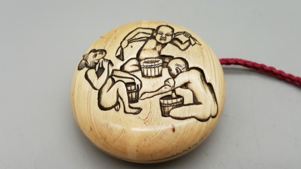 Unusual Japanese Meiji Ivory Manju Netsuke of Bathers and Bathhouse (Sento)