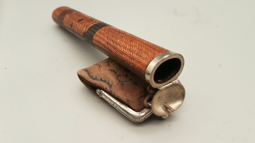 Unusual Japanese Meiji (19thC) Woven Bamboo Pipecase and Small Brocade Purse View IV