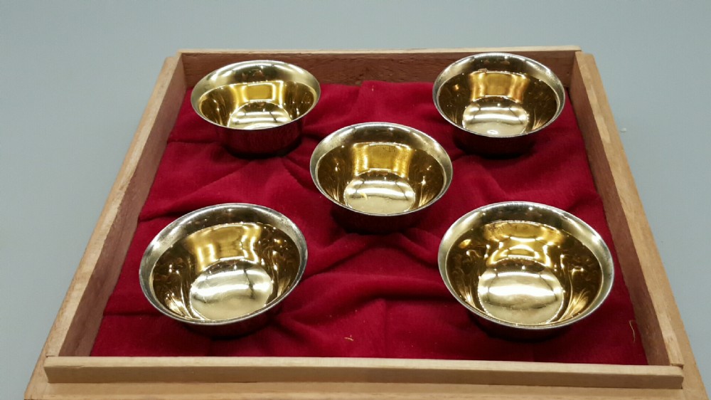 Beautiful Set of Five Antique Japanese Silver Gilt Sake Cups