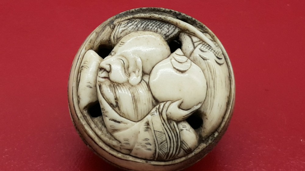 Japanese Edo Stag Antler Manju Netsuke Depicting Jurojin, the God of Longevity