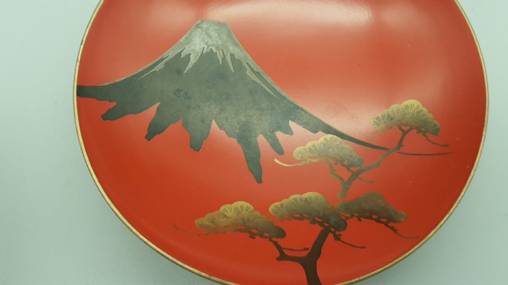 Pair of Japanese Vintage Lacquer Sake Cups Depicting Mount Fuji View III