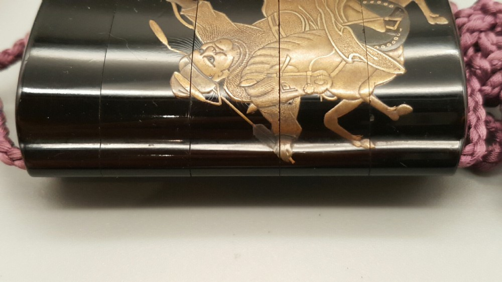 Excellent Antique (Edo period) Japanese Four-Case Lacquer Inro Depicting a Mounted Samurai Archer View V