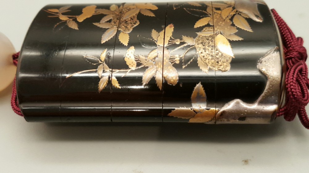 Nice Meiji (late 19thC) Japanese Four-Case Lacquer Inro Depicting Flowers and Rocks View III