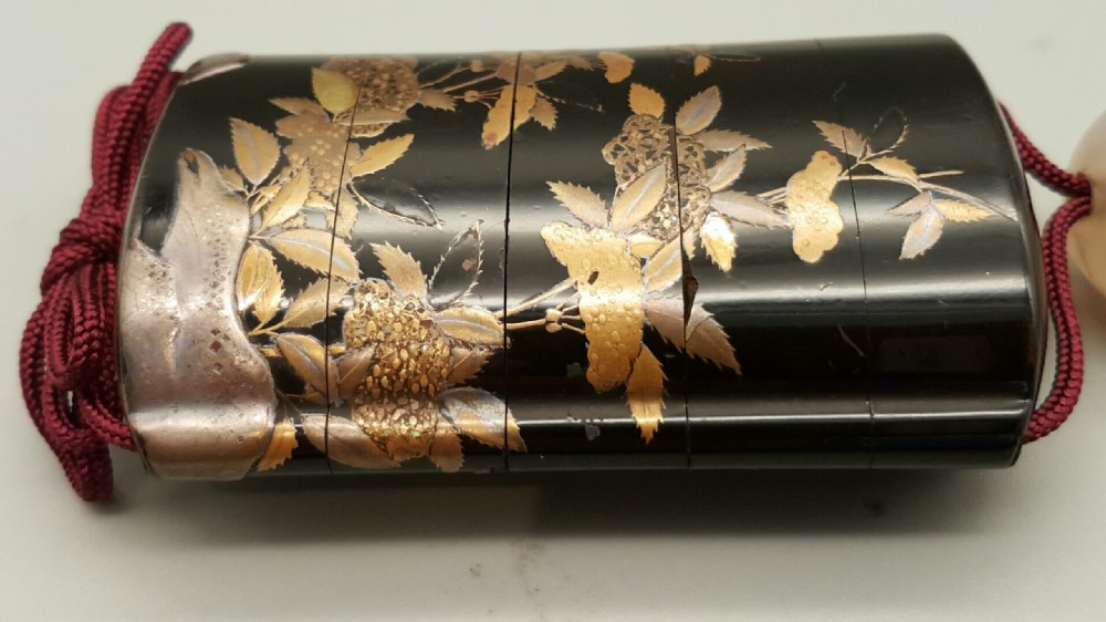 Nice Meiji (late 19thC) Japanese Four-Case Lacquer Inro Depicting Flowers and Rocks View IV