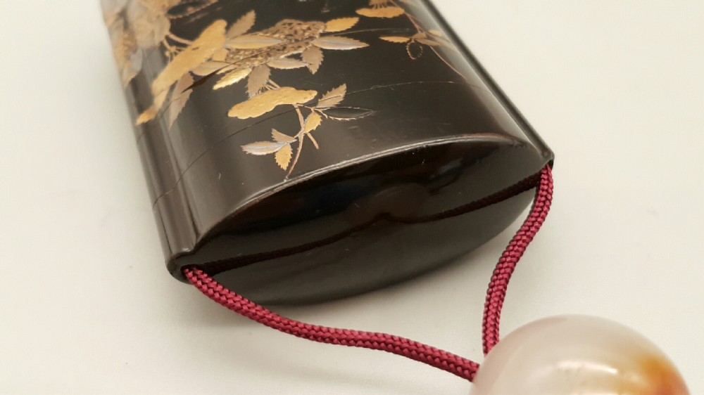 Nice Meiji (late 19thC) Japanese Four-Case Lacquer Inro Depicting Flowers and Rocks View V