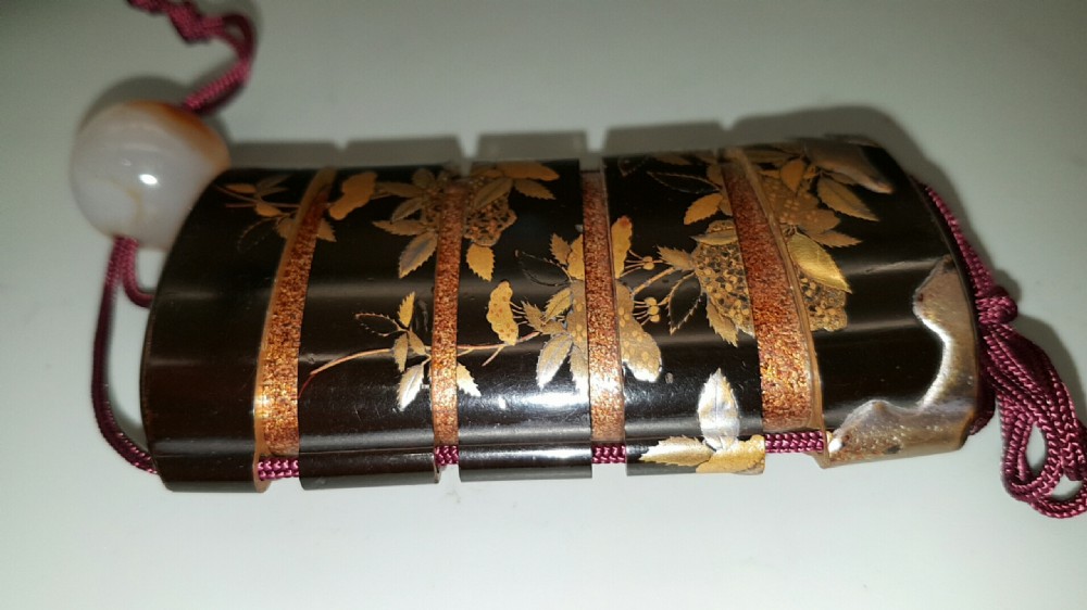 Nice Meiji (late 19thC) Japanese Four-Case Lacquer Inro Depicting Flowers and Rocks View VII