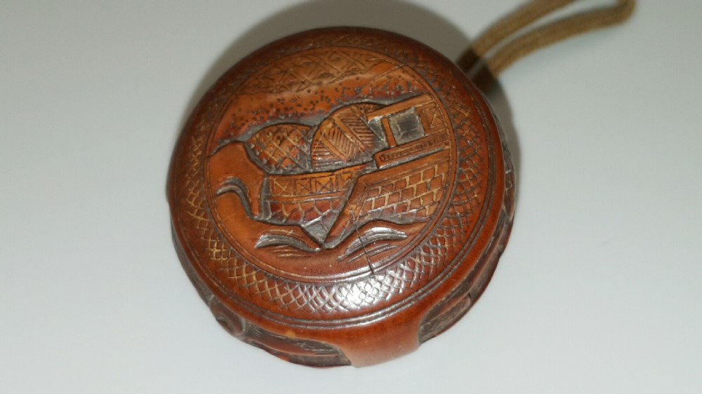 Unusual Japanese Meiji Boxwood Manju Netsuke of Tower Landscape