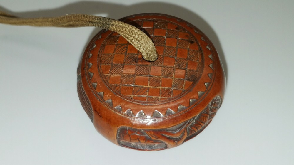Unusual Japanese Meiji Boxwood Manju Netsuke of Tower Landscape View II