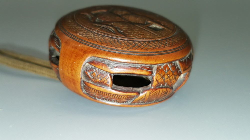Unusual Japanese Meiji Boxwood Manju Netsuke of Tower Landscape View IV