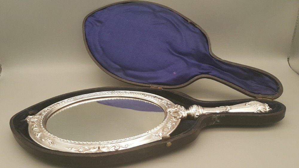 Lovely Large Victorian Silver Plate Hand Mirror with Original Case 