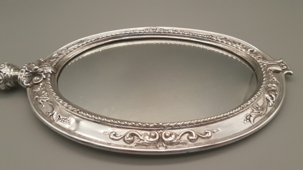 Lovely Large Victorian Silver Plate Hand Mirror with Original Case  View V