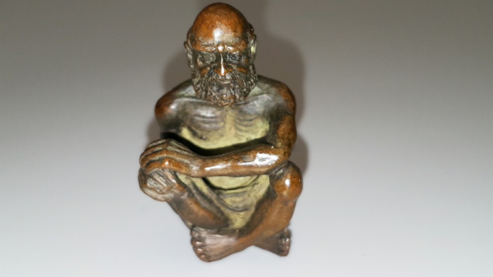 Rare Meiji Japanese Miniature Bronze of Seated Elderly (Holy?) Man