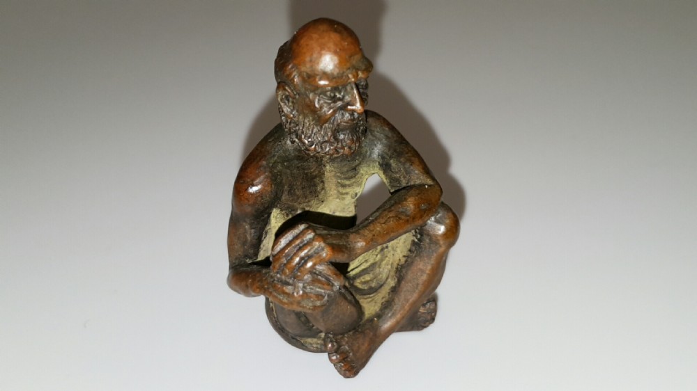 Rare Meiji Japanese Miniature Bronze of Seated Elderly (Holy?) Man View II