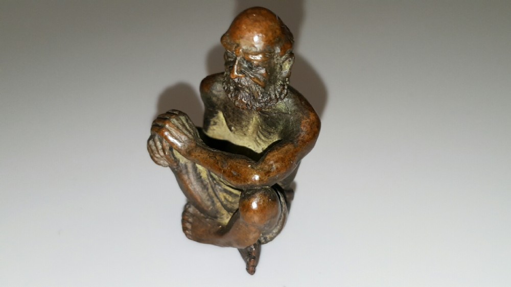 Rare Meiji Japanese Miniature Bronze of Seated Elderly (Holy?) Man View III