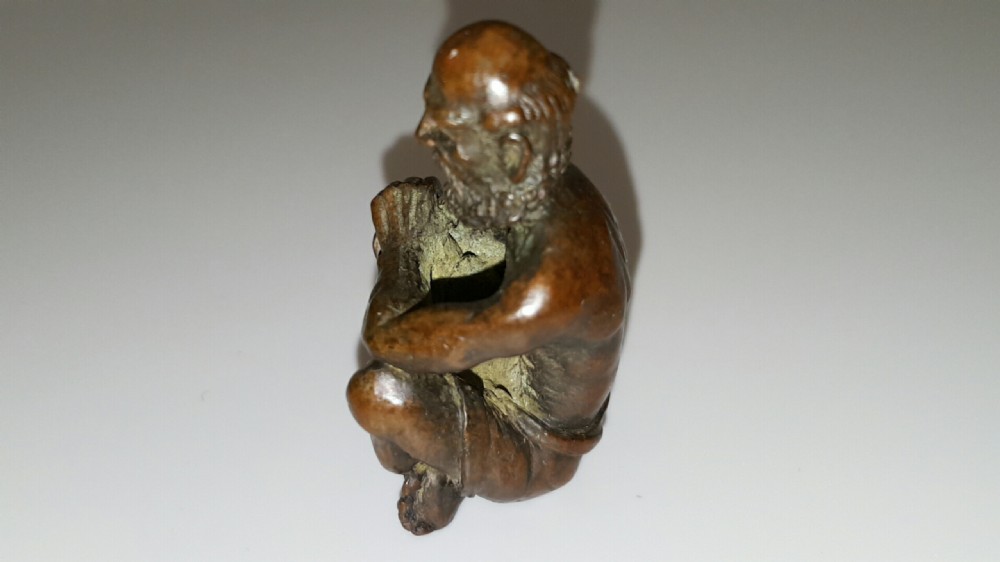 Rare Meiji Japanese Miniature Bronze of Seated Elderly (Holy?) Man View V