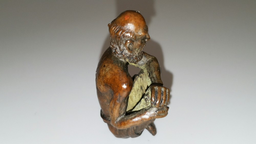Rare Meiji Japanese Miniature Bronze of Seated Elderly (Holy?) Man View VI
