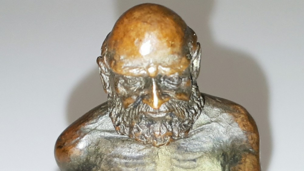 Rare Meiji Japanese Miniature Bronze of Seated Elderly (Holy?) Man View VIII