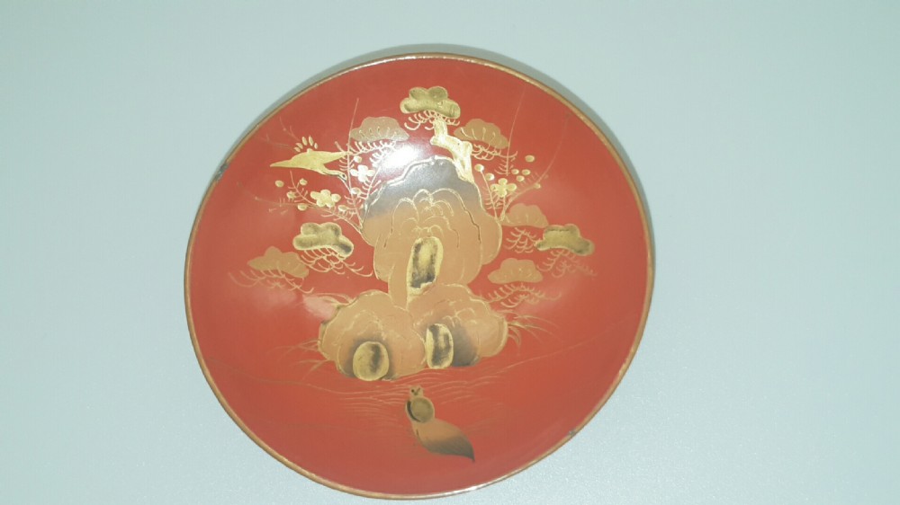 Nice Japanese Meiji Lacquer Sake Cup with Rocks & Birds Design