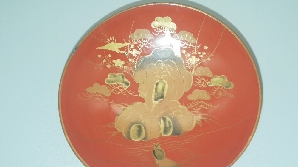 Nice Japanese Meiji Lacquer Sake Cup with Rocks & Birds Design View II