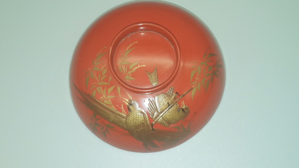 Nice Japanese Meiji Lacquer Sake Cup with Bird Design  View II