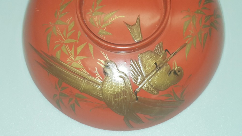 Nice Japanese Meiji Lacquer Sake Cup with Bird Design  View III