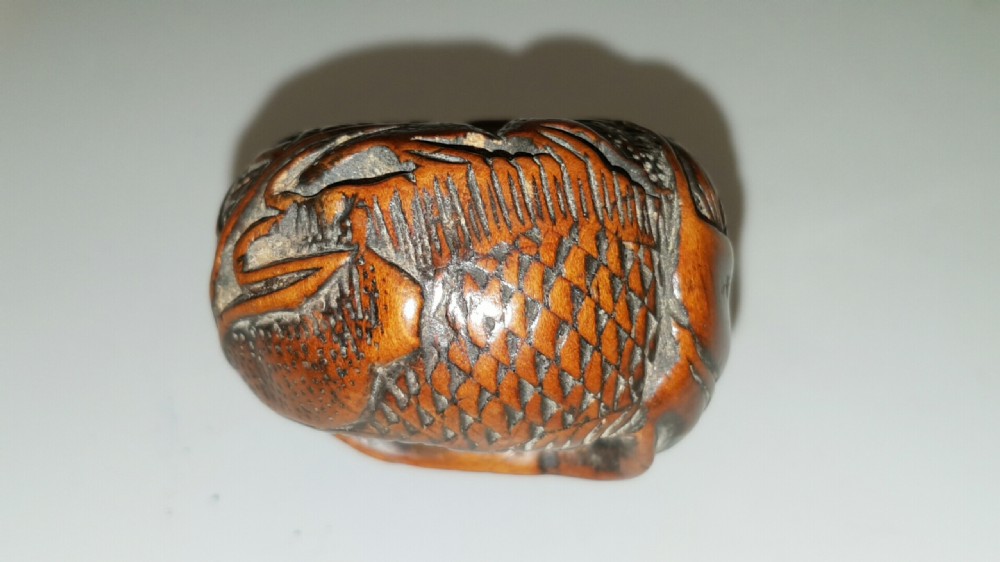 Japanese Meiji Boxwood Netsuke of Tangerine Dragon View III