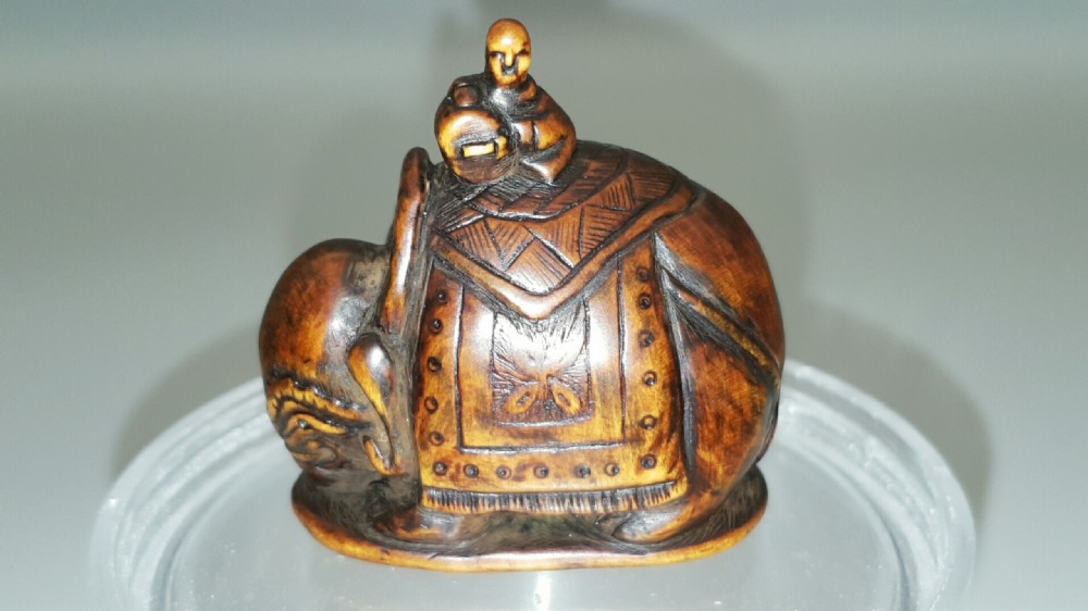 Charming Japanese Edo 18thC Boxwood Netsuke of Caparisoned Elephant