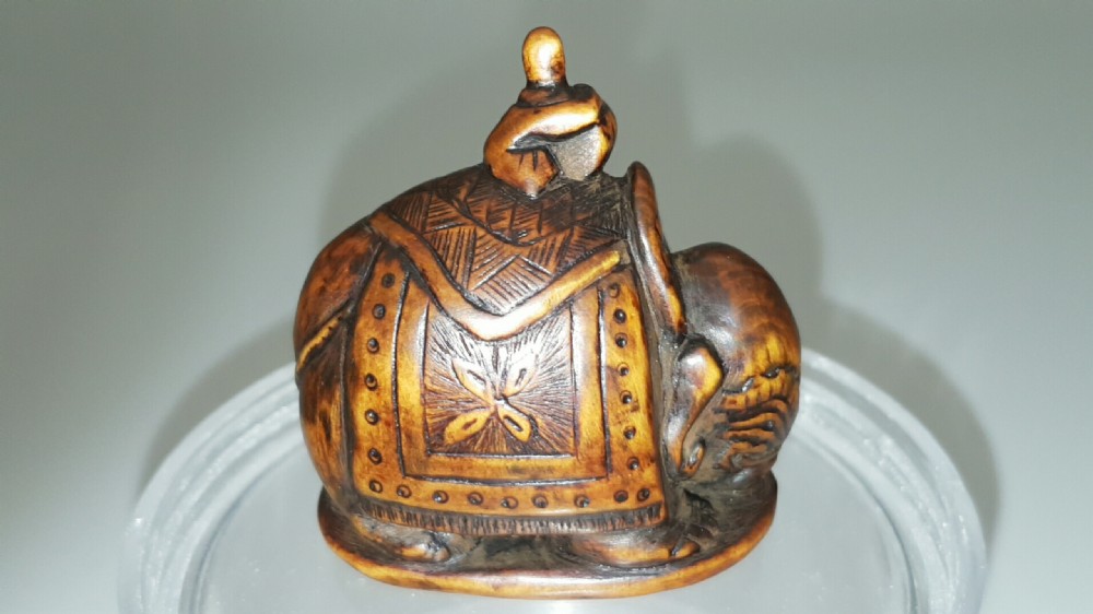Charming Japanese Edo 18thC Boxwood Netsuke of Caparisoned Elephant View II