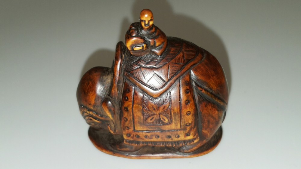 Charming Japanese Edo 18thC Boxwood Netsuke of Caparisoned Elephant View VII