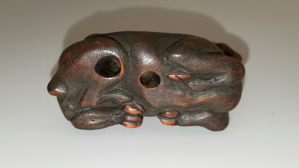 Superb Japanese Meiji Boxwood Netsuke of a Reclining Stag, Unsigned View VI