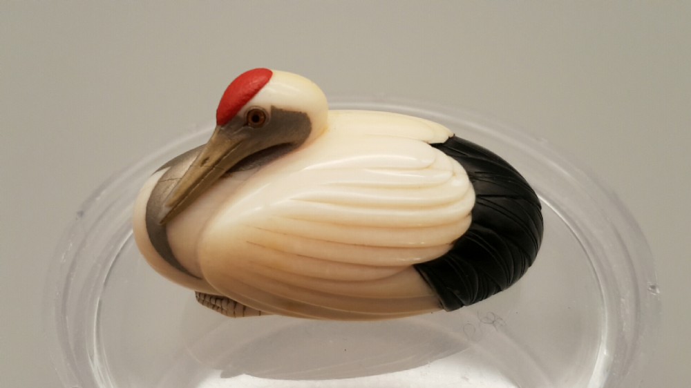 Beautiful Japanese Meiji (19thC) Ivory Lacquered Netsuke of Red-Crowned Crane signed Shingetsu